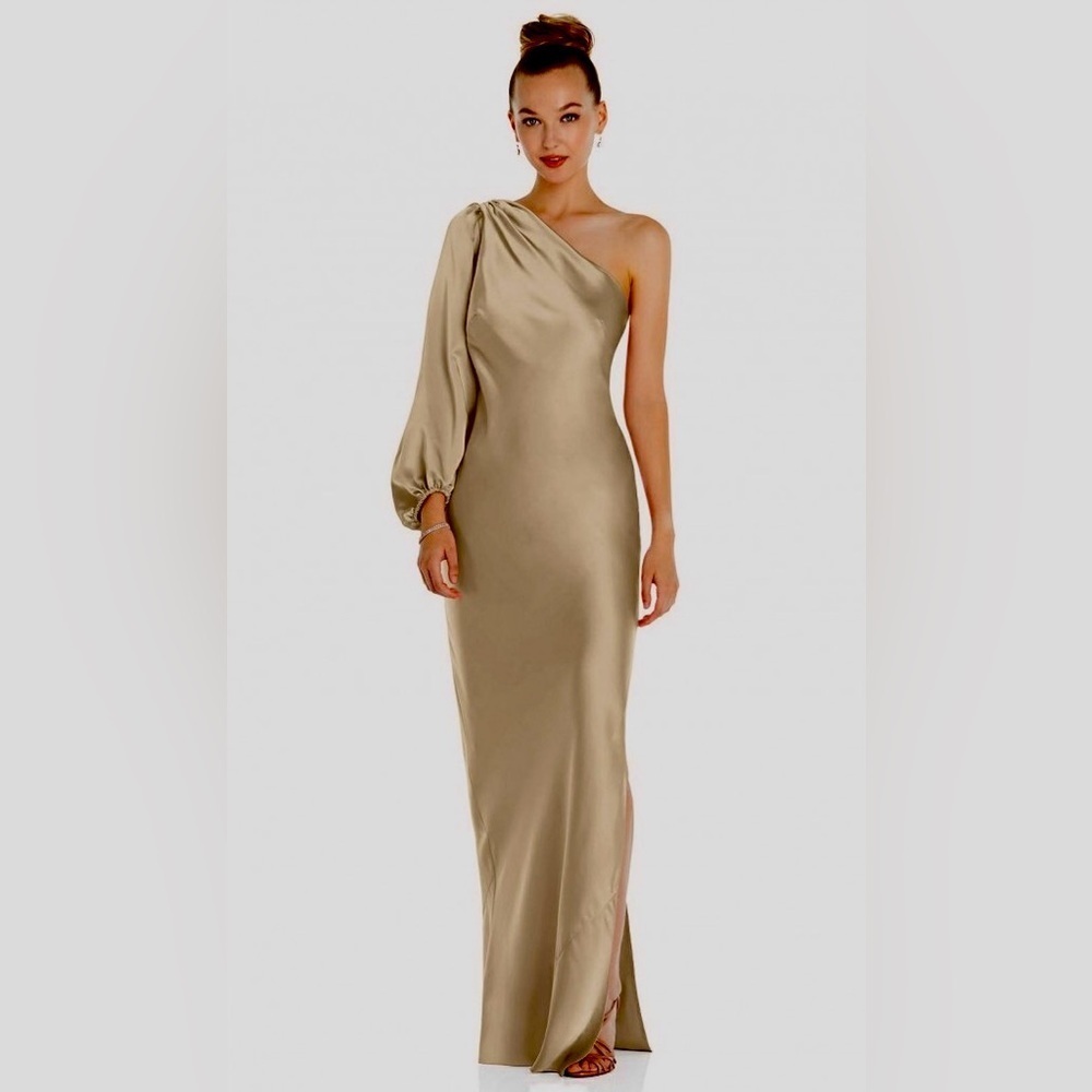 NWT Dessy Collection One-Shoulder Puff Sleeve Maxi Bias Dress, Champagne, Large